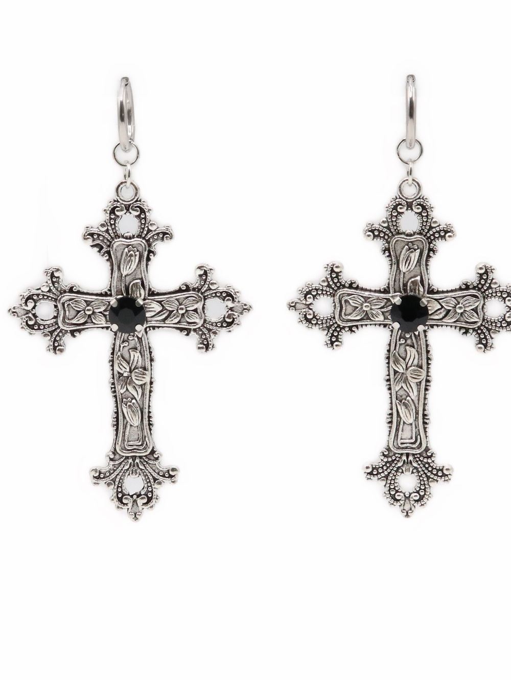 Silver-Tone Filigree Cross Drop Earrings with Black Stone